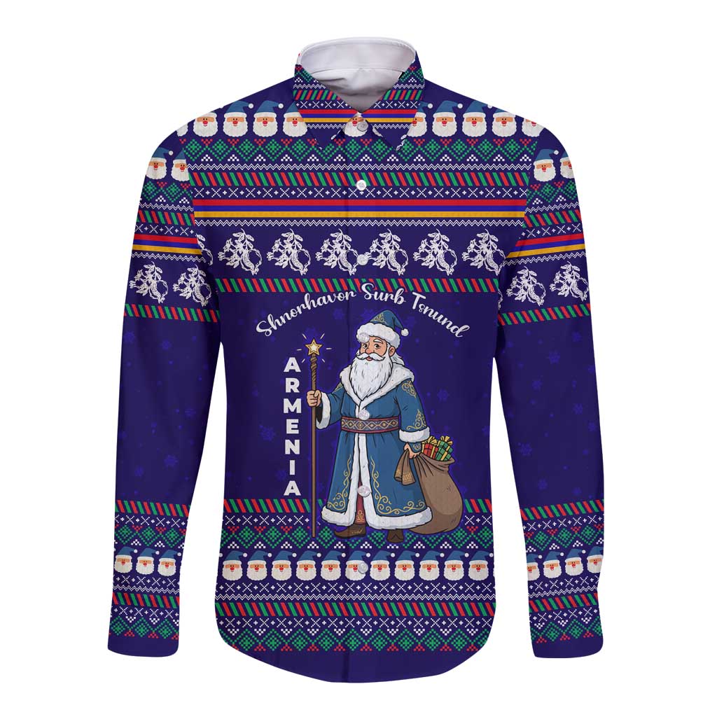 Armenia Christmas Long Sleeve Button Shirt with Santa Claus Shnorhavor Surb Tsnund and Gift Bag Pattern - Wonder Print Shop