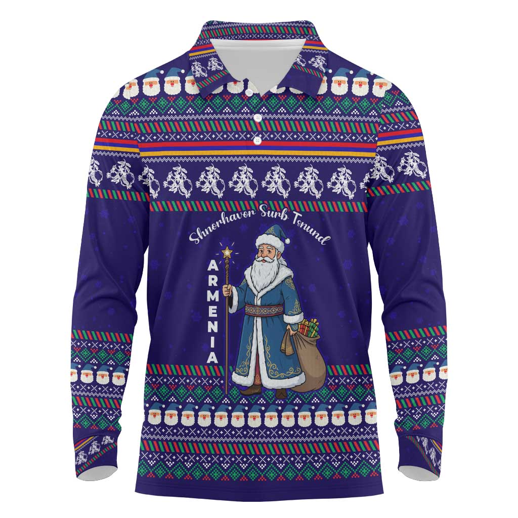 Armenia Christmas Long Sleeve Polo Shirt with Santa Claus Shnorhavor Surb Tsnund and Gift Bag Pattern - Wonder Print Shop