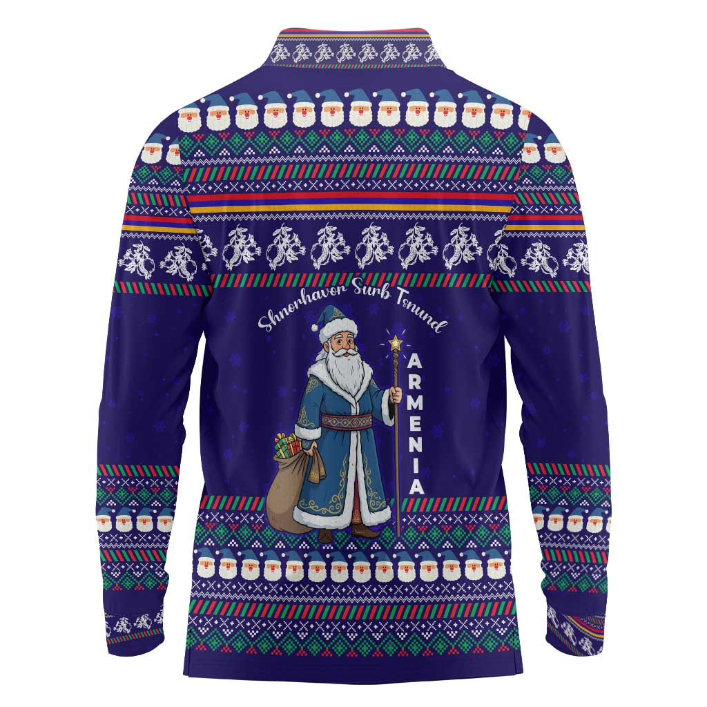 Armenia Christmas Long Sleeve Polo Shirt with Santa Claus Shnorhavor Surb Tsnund and Gift Bag Pattern - Wonder Print Shop