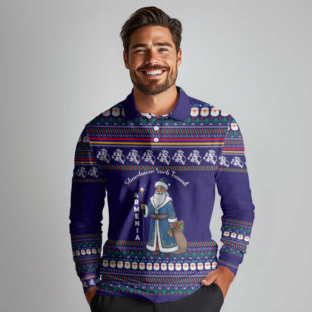 Armenia Christmas Long Sleeve Polo Shirt with Santa Claus Shnorhavor Surb Tsnund and Gift Bag Pattern - Wonder Print Shop