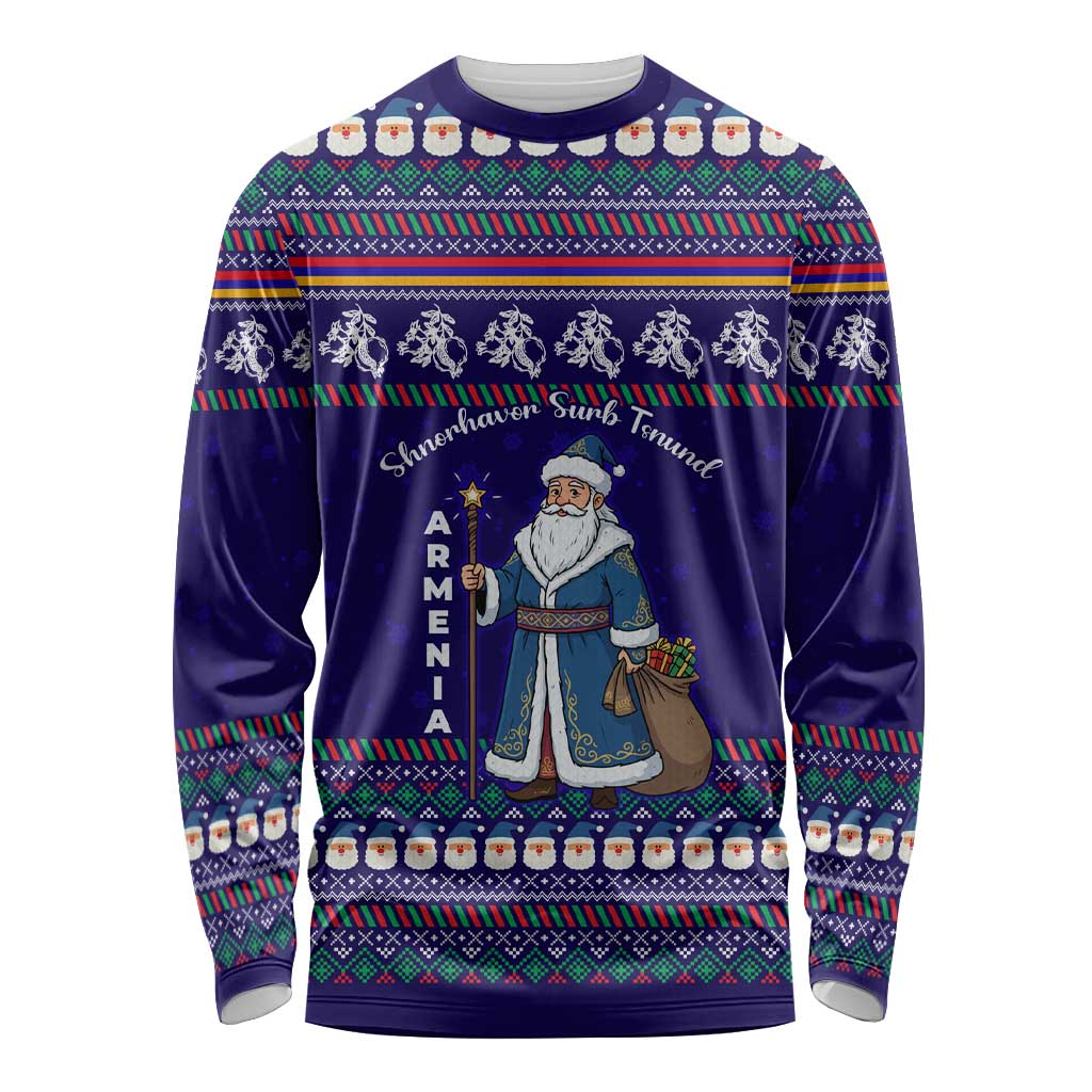 Armenia Christmas Long Sleeve Shirt with Santa Claus Shnorhavor Surb Tsnund and Gift Bag Pattern - Wonder Print Shop