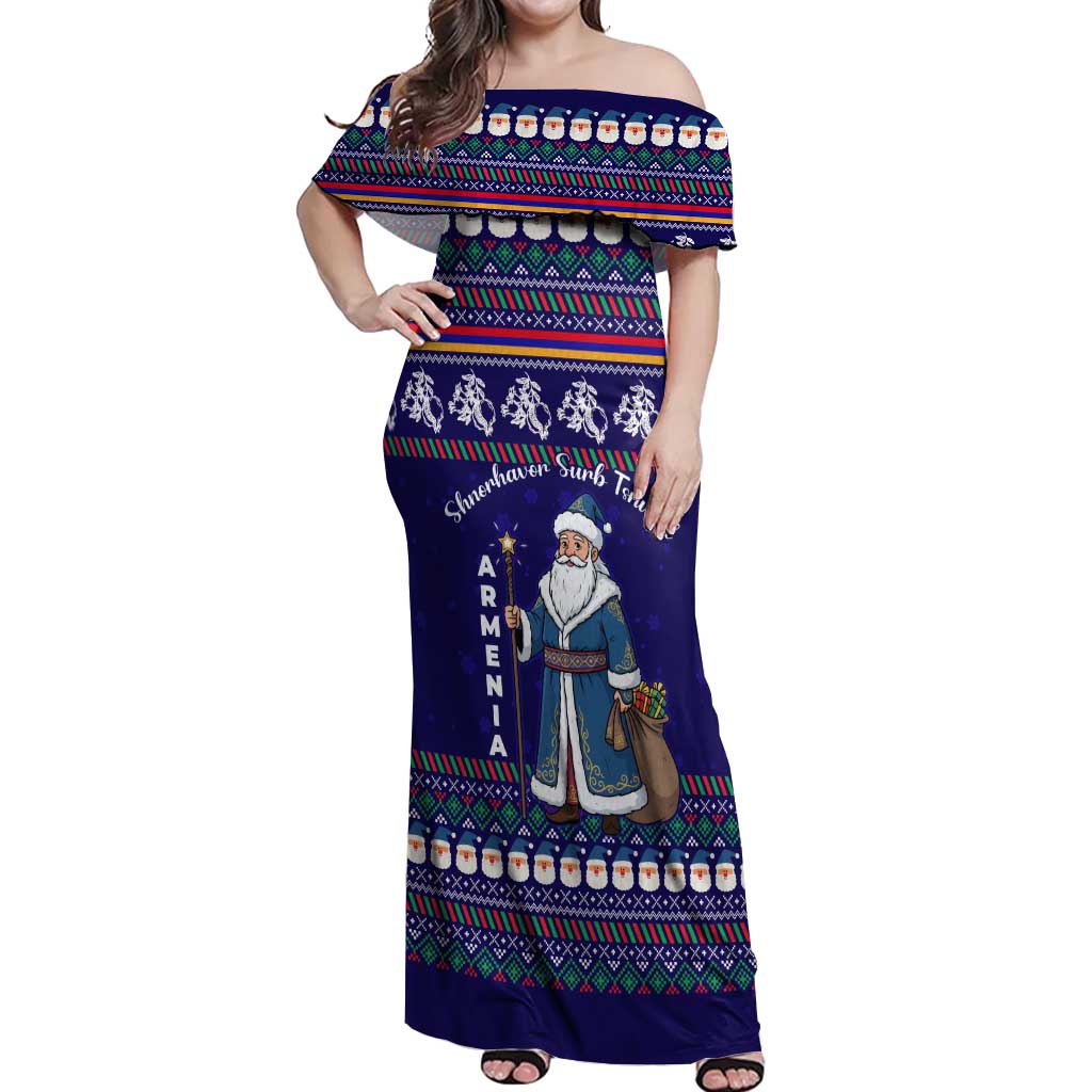 Armenia Christmas Off Shoulder Maxi Dress with Santa Claus Shnorhavor Surb Tsnund and Gift Bag Pattern - Wonder Print Shop