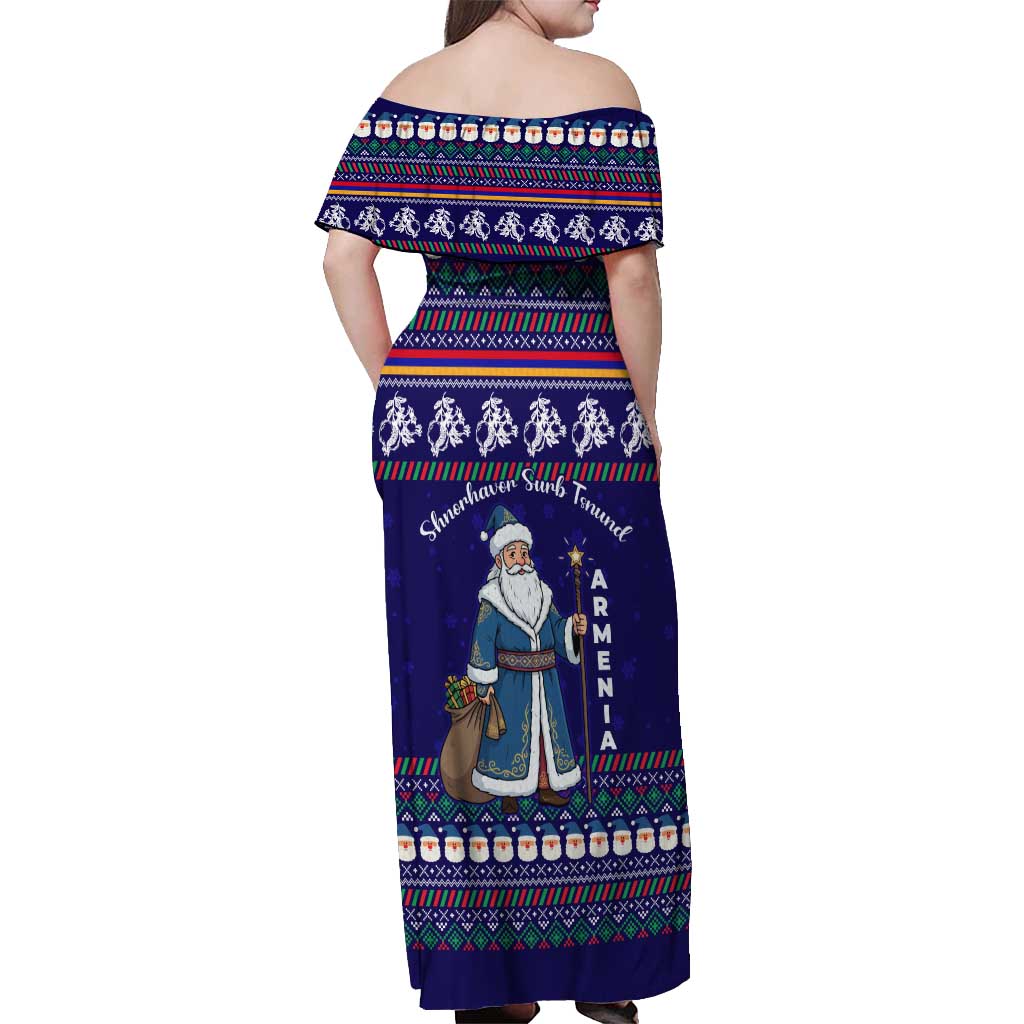 Armenia Christmas Off Shoulder Maxi Dress with Santa Claus Shnorhavor Surb Tsnund and Gift Bag Pattern - Wonder Print Shop