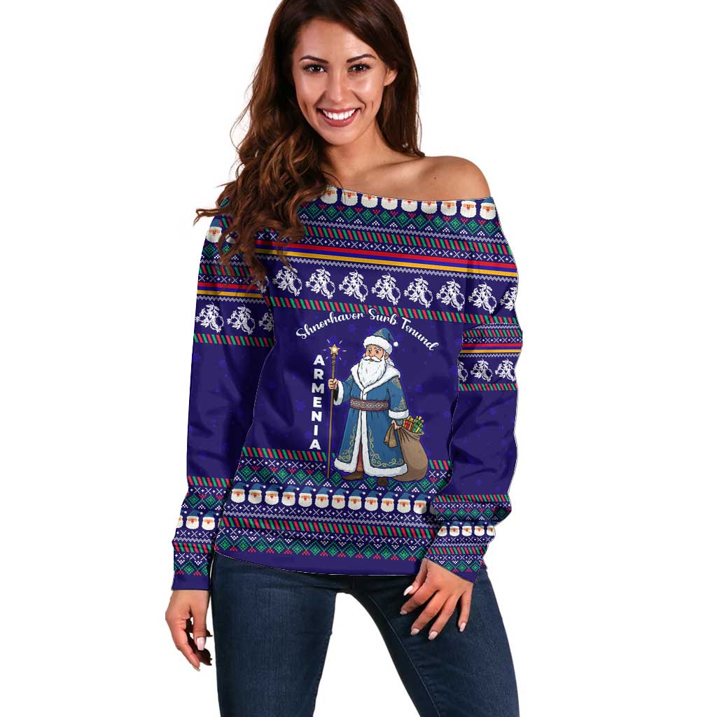 Armenia Christmas Off Shoulder Sweater with Santa Claus Shnorhavor Surb Tsnund and Gift Bag Pattern - Wonder Print Shop
