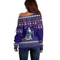 Armenia Christmas Off Shoulder Sweater with Santa Claus Shnorhavor Surb Tsnund and Gift Bag Pattern - Wonder Print Shop