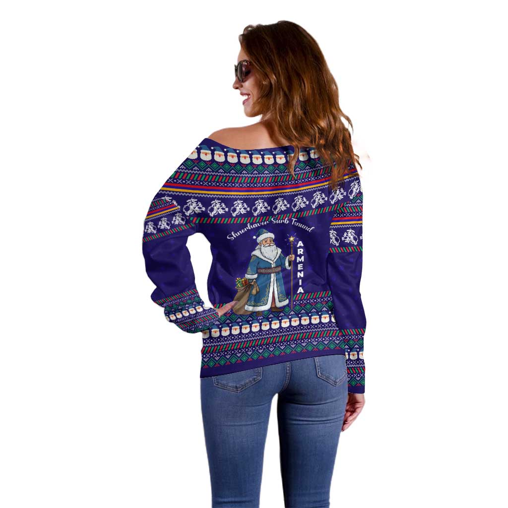 Armenia Christmas Off Shoulder Sweater with Santa Claus Shnorhavor Surb Tsnund and Gift Bag Pattern - Wonder Print Shop