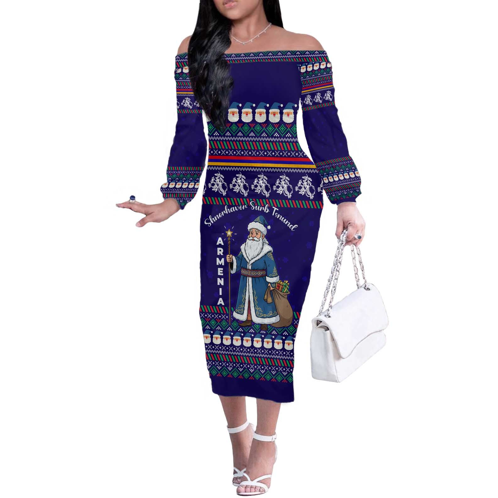 Armenia Christmas Off The Shoulder Long Sleeve Dress with Santa Claus Shnorhavor Surb Tsnund and Gift Bag Pattern - Wonder Print Shop