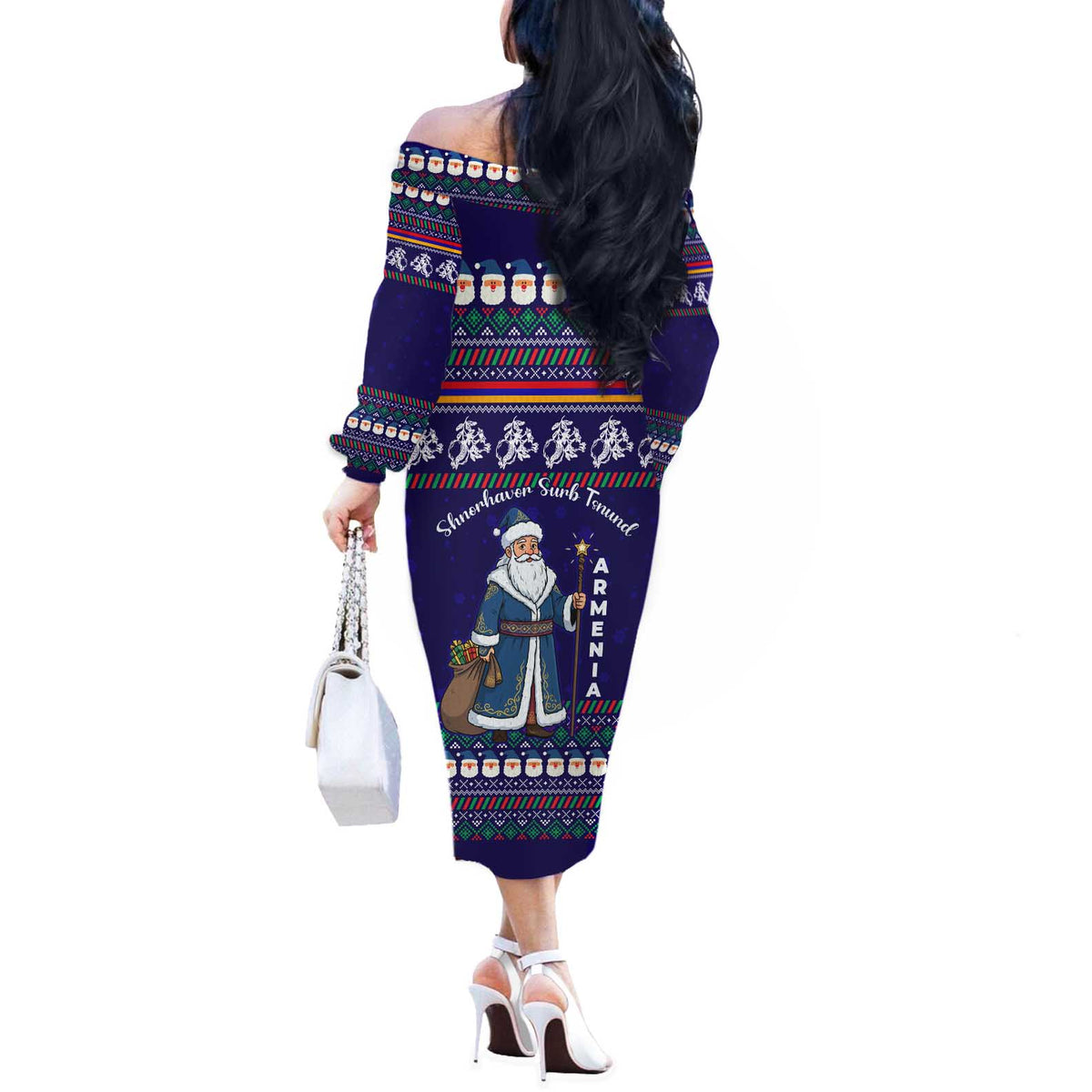 Armenia Christmas Off The Shoulder Long Sleeve Dress with Santa Claus Shnorhavor Surb Tsnund and Gift Bag Pattern - Wonder Print Shop