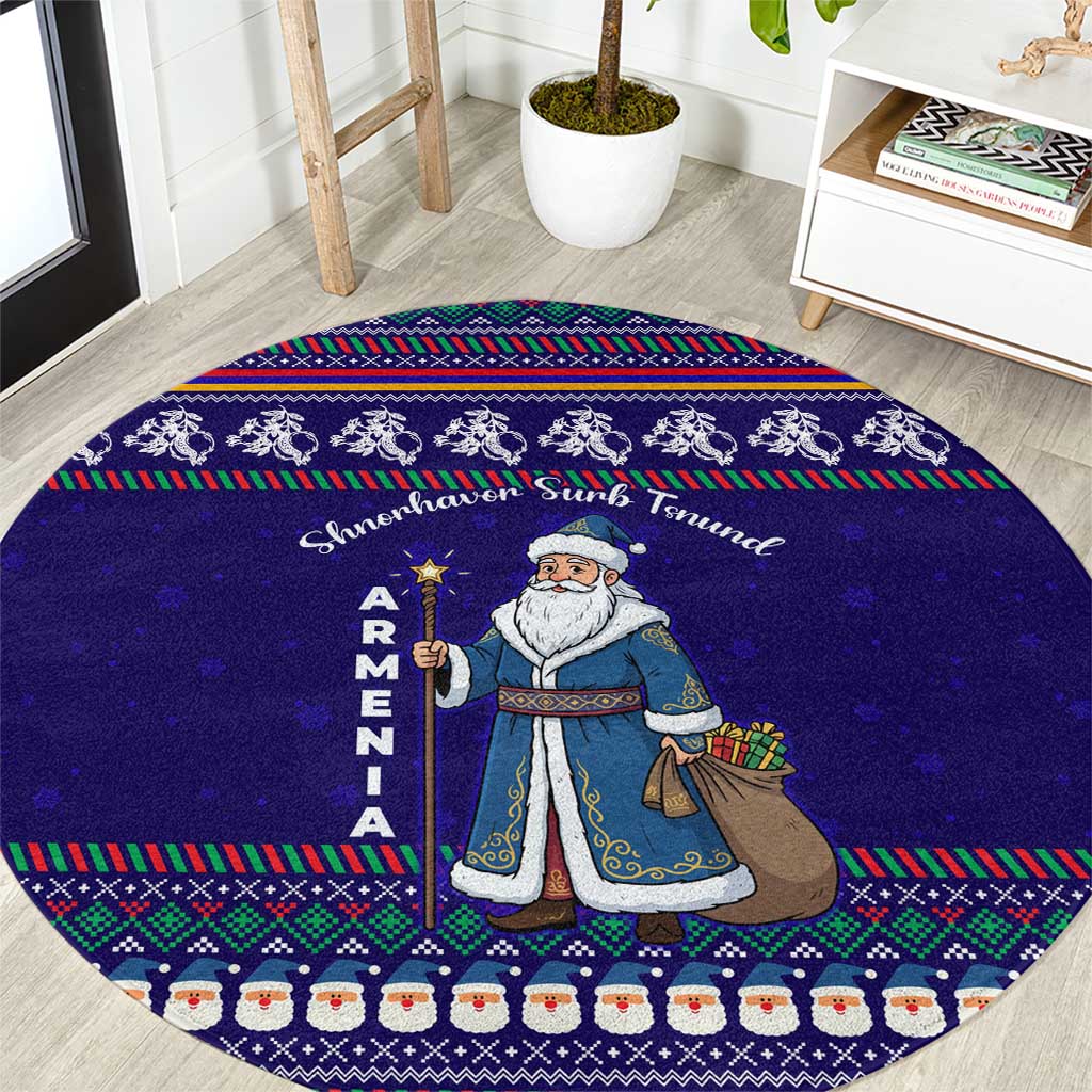 Armenia Christmas Round Carpet with Santa Claus Shnorhavor Surb Tsnund and Gift Bag Pattern - Wonder Print Shop