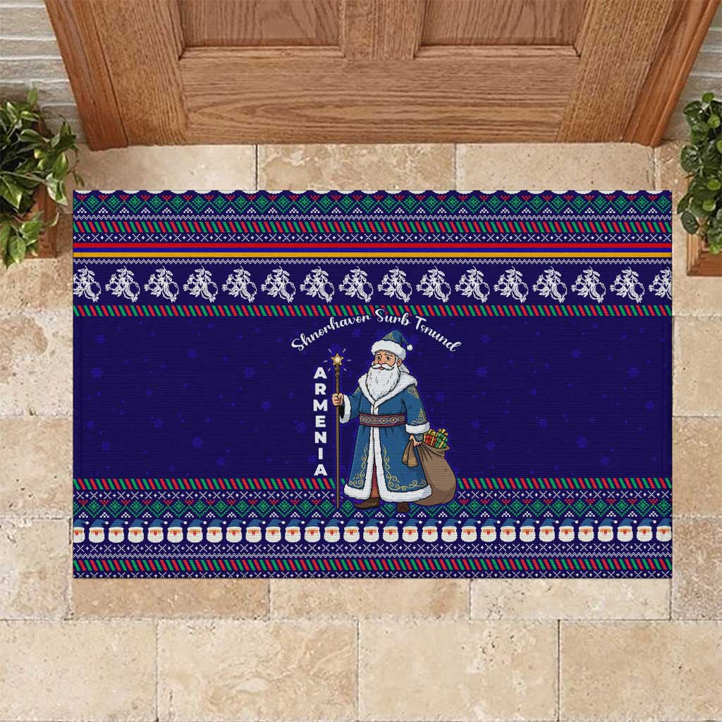 Armenia Christmas Rubber Doormat with Santa Claus Shnorhavor Surb Tsnund and Gift Bag Pattern - Wonder Print Shop