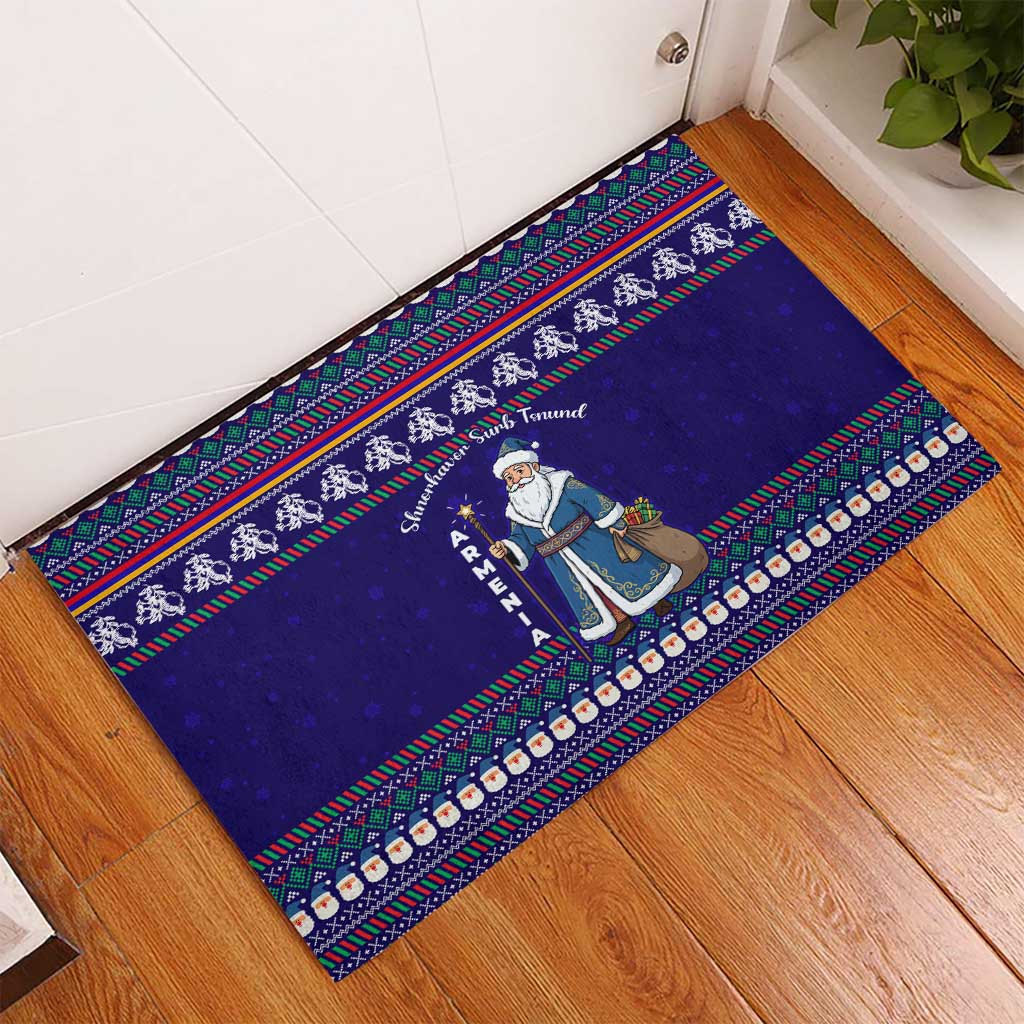 Armenia Christmas Rubber Doormat with Santa Claus Shnorhavor Surb Tsnund and Gift Bag Pattern - Wonder Print Shop