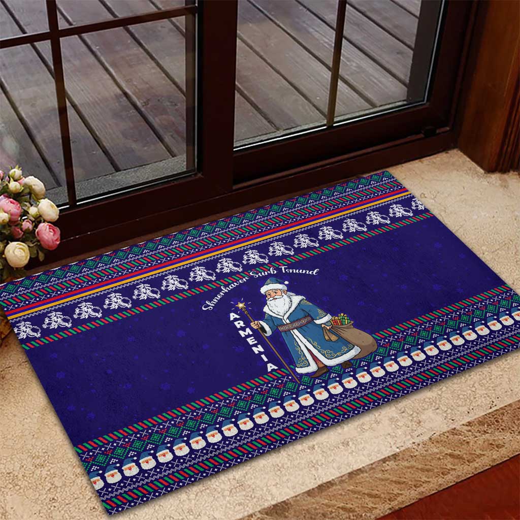 Armenia Christmas Rubber Doormat with Santa Claus Shnorhavor Surb Tsnund and Gift Bag Pattern - Wonder Print Shop