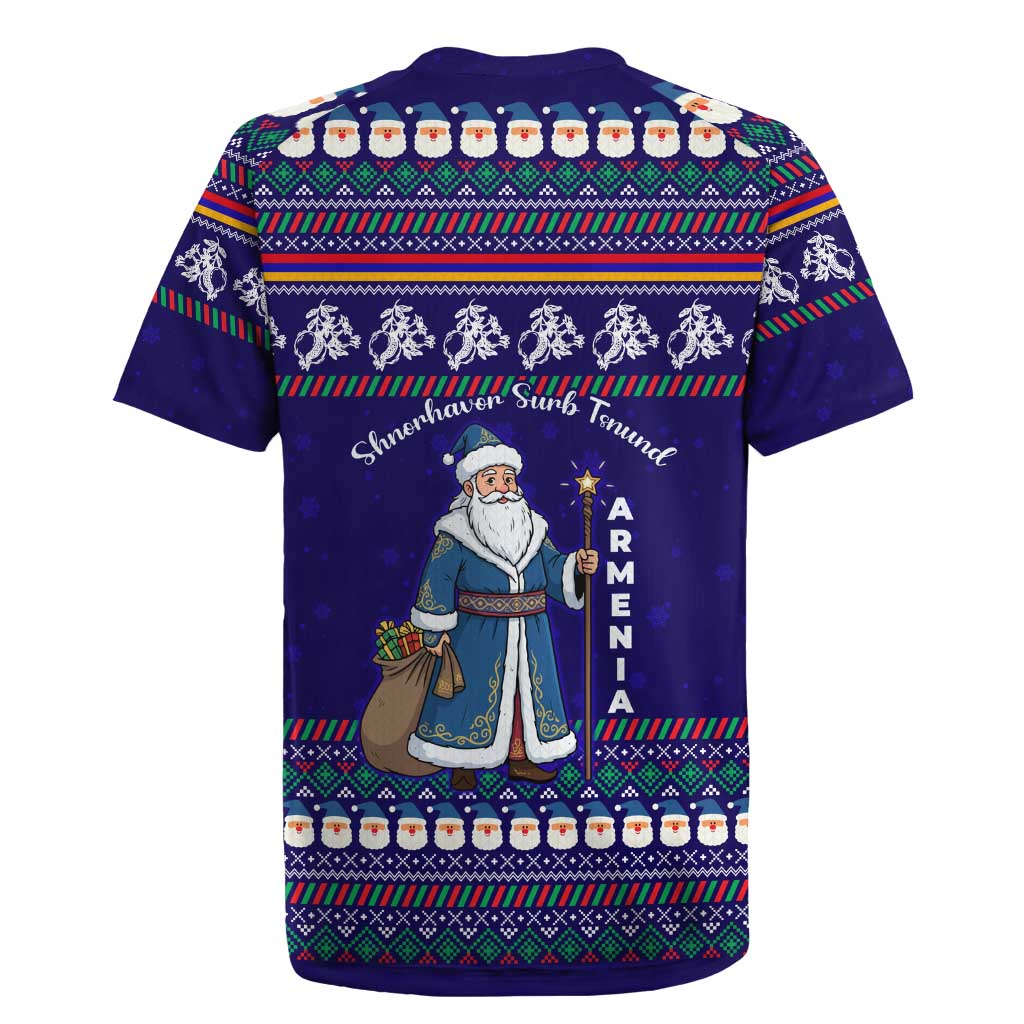 Armenia Christmas Rugby Jersey with Santa Claus Shnorhavor Surb Tsnund and Gift Bag Pattern - Wonder Print Shop