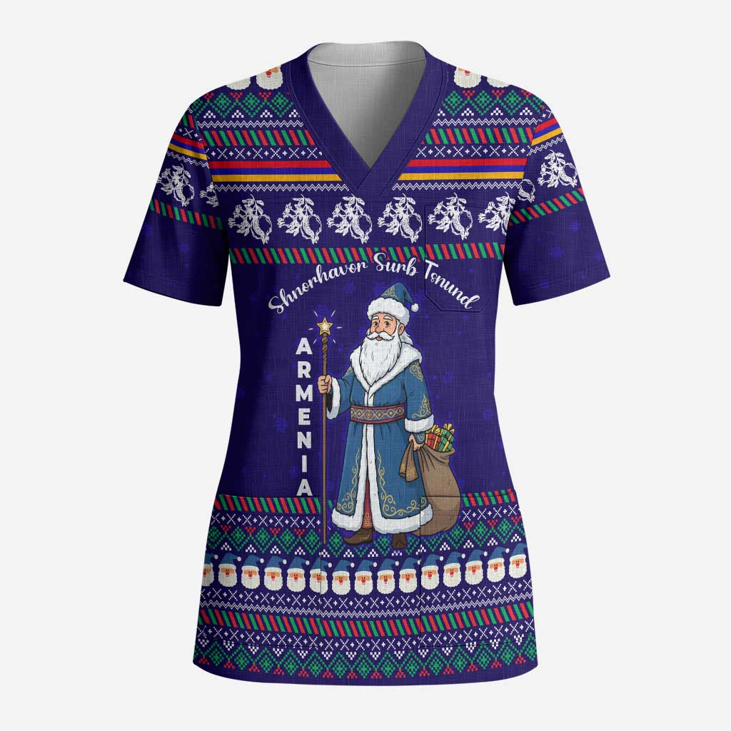 Armenia Christmas Scrub Top with Santa Claus Shnorhavor Surb Tsnund and Gift Bag Pattern - Wonder Print Shop
