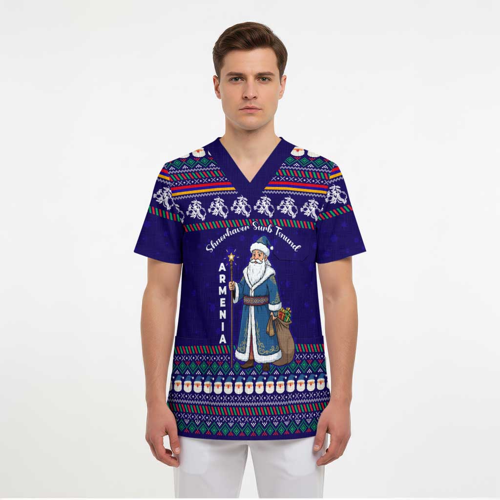 Armenia Christmas Scrub Top with Santa Claus Shnorhavor Surb Tsnund and Gift Bag Pattern - Wonder Print Shop