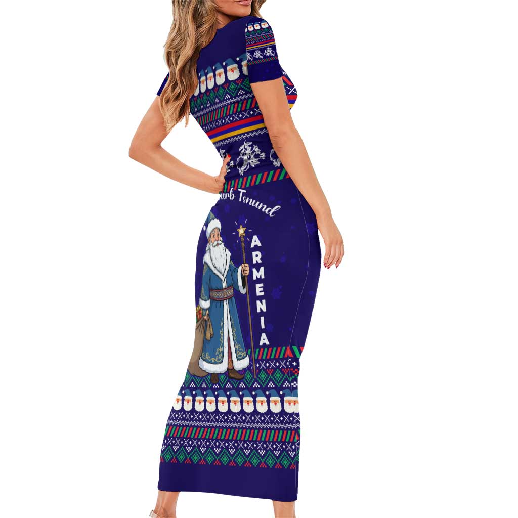 Armenia Christmas Short Sleeve Bodycon Dress with Santa Claus Shnorhavor Surb Tsnund and Gift Bag Pattern - Wonder Print Shop