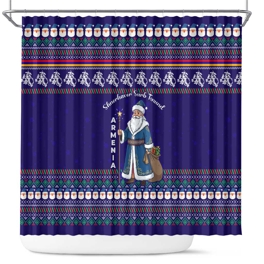 Armenia Christmas Shower Curtain with Santa Claus Shnorhavor Surb Tsnund and Gift Bag Pattern - Wonder Print Shop
