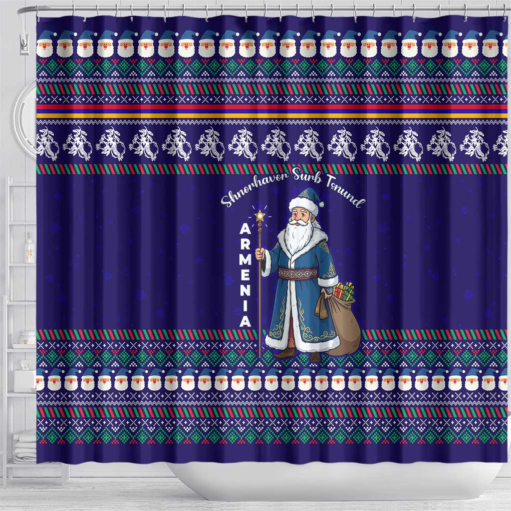 Armenia Christmas Shower Curtain with Santa Claus Shnorhavor Surb Tsnund and Gift Bag Pattern - Wonder Print Shop