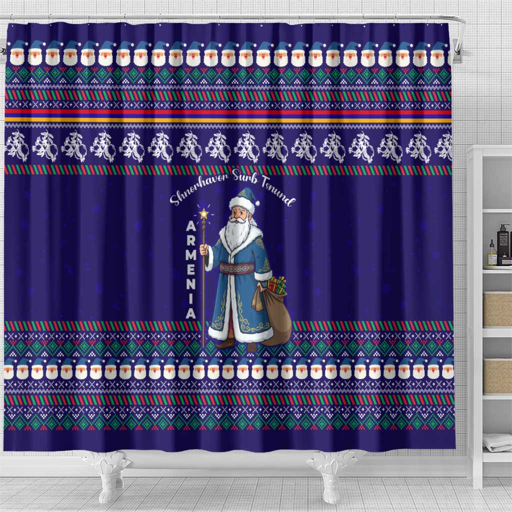 Armenia Christmas Shower Curtain with Santa Claus Shnorhavor Surb Tsnund and Gift Bag Pattern - Wonder Print Shop