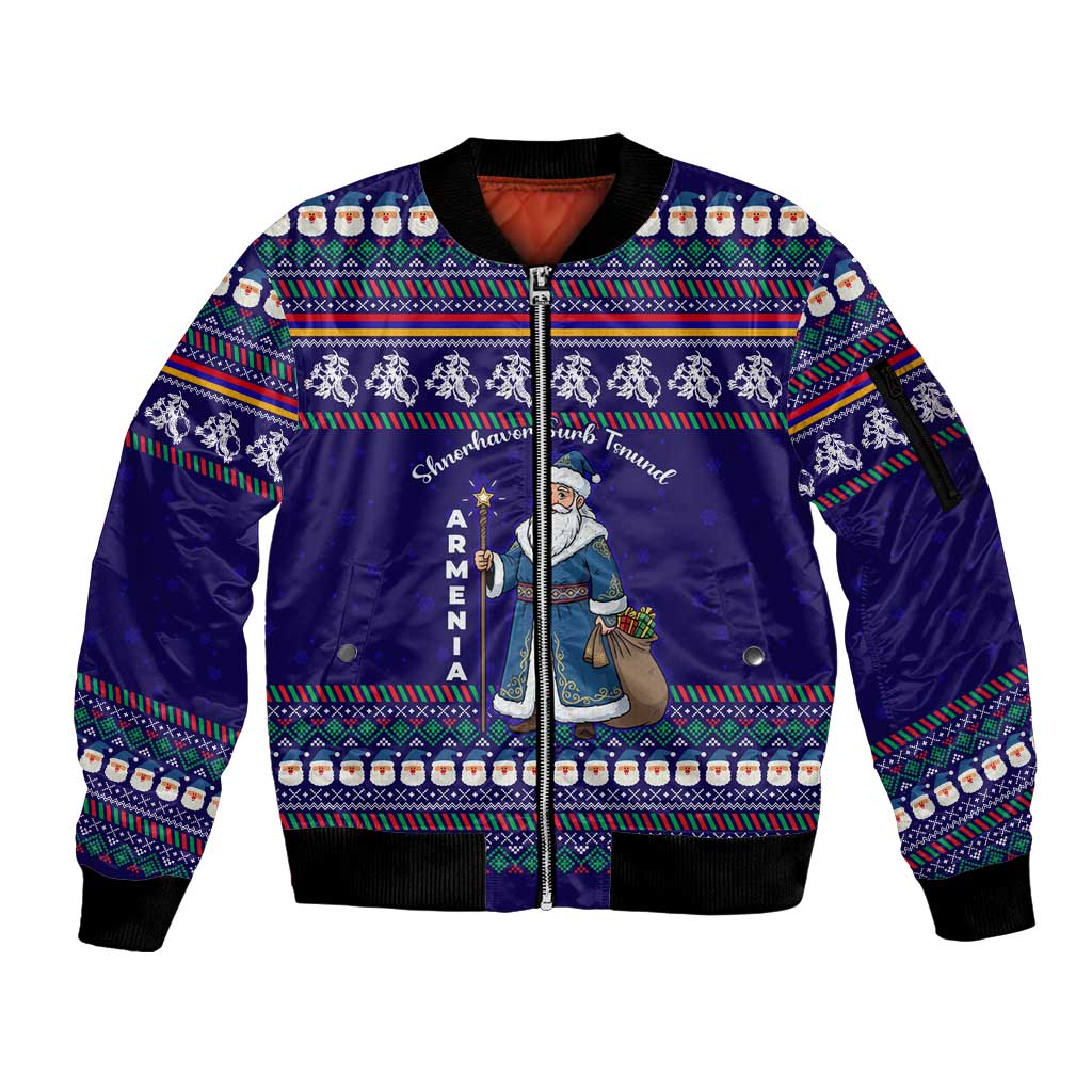 Armenia Christmas Sleeve Zip Bomber Jacket with Santa Claus Shnorhavor Surb Tsnund and Gift Bag Pattern - Wonder Print Shop