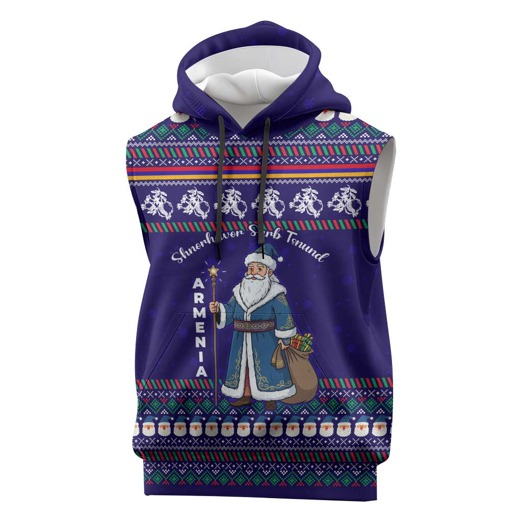 Armenia Christmas Sleeveless Hoodie with Santa Claus Shnorhavor Surb Tsnund and Gift Bag Pattern - Wonder Print Shop