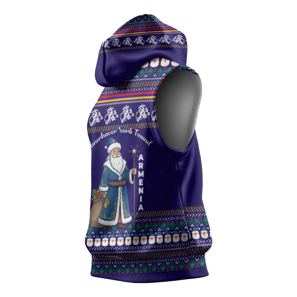 Armenia Christmas Sleeveless Hoodie with Santa Claus Shnorhavor Surb Tsnund and Gift Bag Pattern - Wonder Print Shop