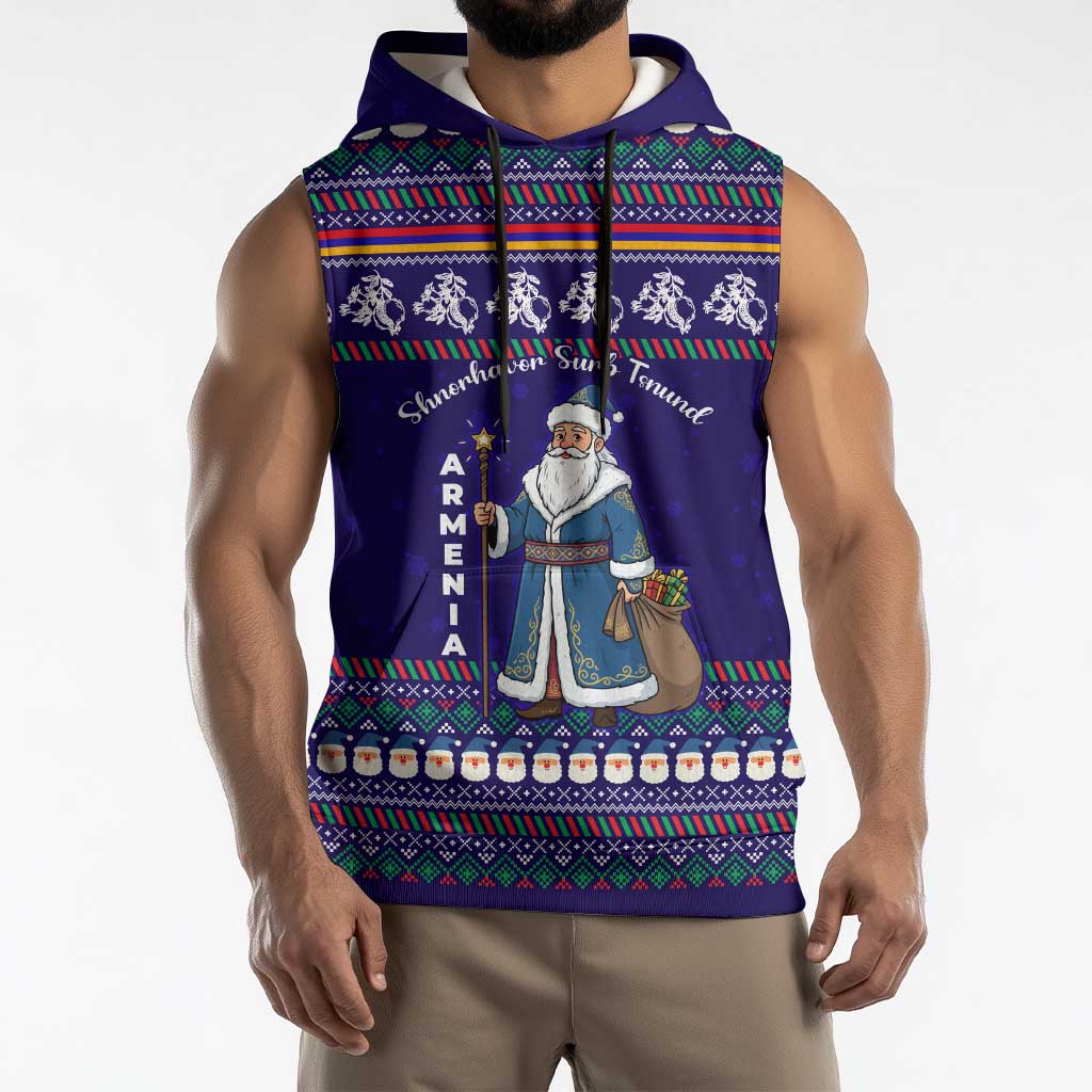 Armenia Christmas Sleeveless Hoodie with Santa Claus Shnorhavor Surb Tsnund and Gift Bag Pattern - Wonder Print Shop