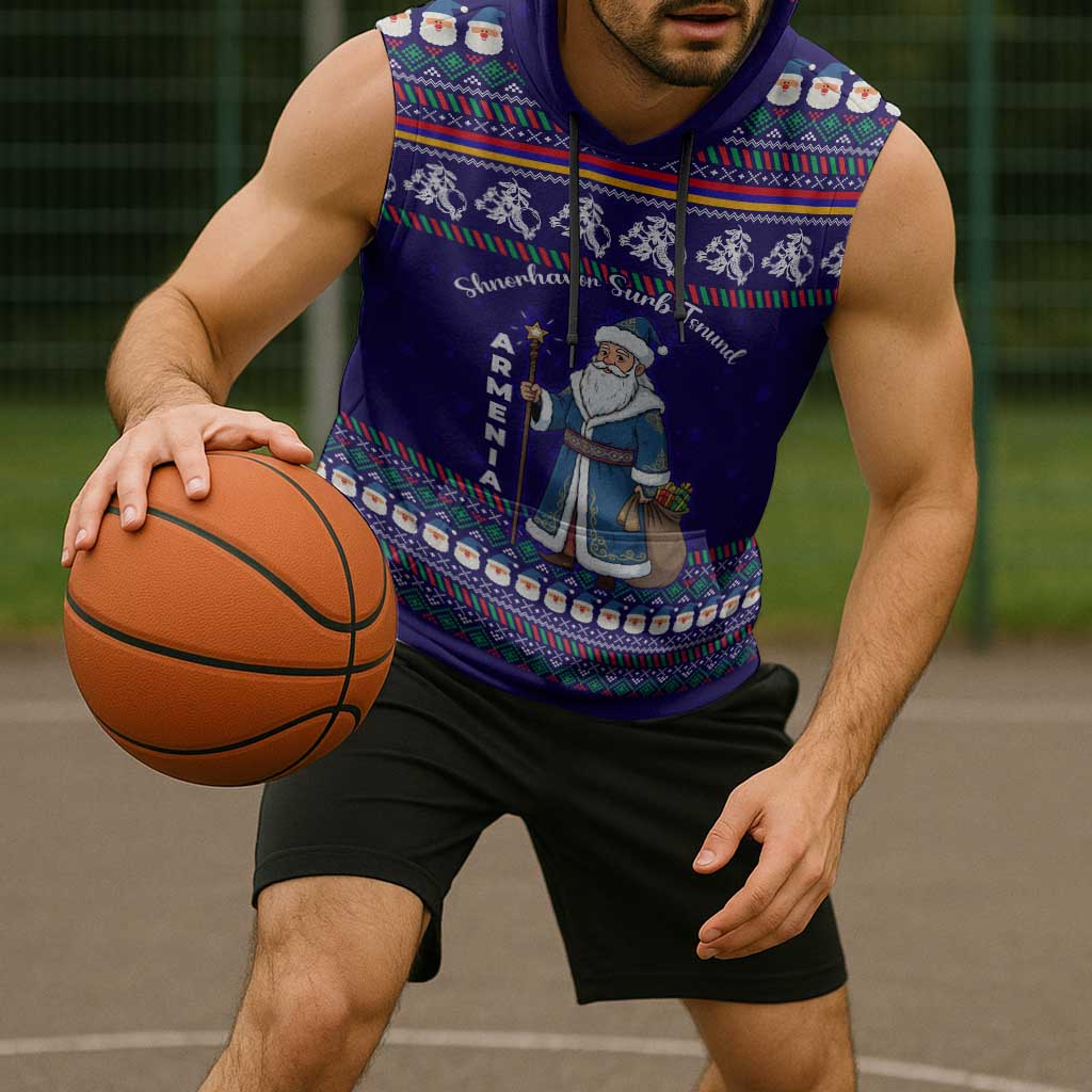 Armenia Christmas Sleeveless Hoodie with Santa Claus Shnorhavor Surb Tsnund and Gift Bag Pattern - Wonder Print Shop