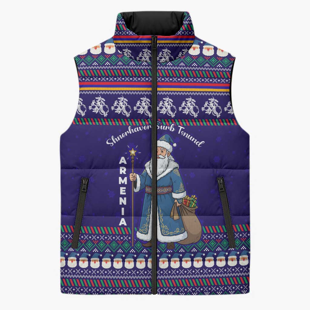 Armenia Christmas Sleeveless Puffer Jacket with Santa Claus Shnorhavor Surb Tsnund and Gift Bag Pattern - Wonder Print Shop