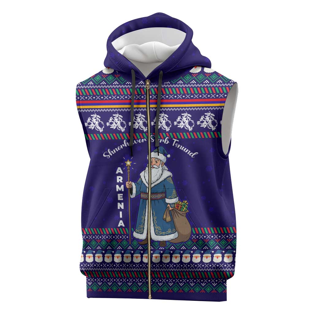 Armenia Christmas Sleeveless Zip Hoodie with Santa Claus Shnorhavor Surb Tsnund and Gift Bag Pattern - Wonder Print Shop