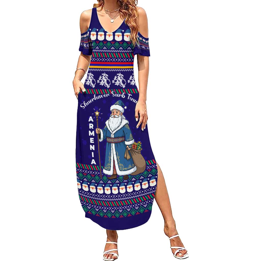 Armenia Christmas Summer Maxi Dress with Santa Claus Shnorhavor Surb Tsnund and Gift Bag Pattern - Wonder Print Shop