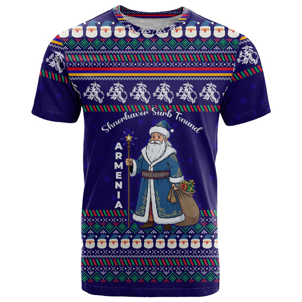 Armenia Christmas T Shirt with Santa Claus Shnorhavor Surb Tsnund and Gift Bag Pattern - Wonder Print Shop