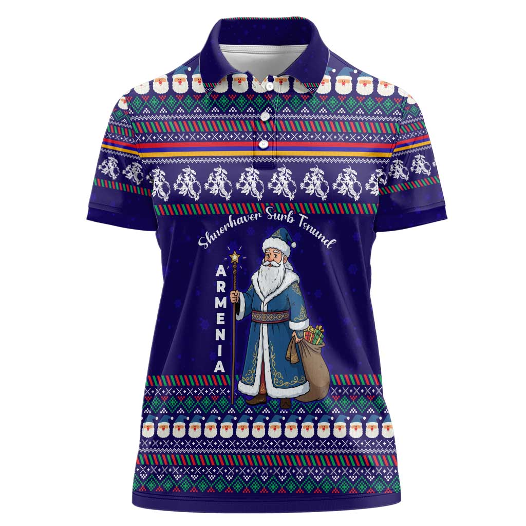 Armenia Christmas Women Polo Shirt with Santa Claus Shnorhavor Surb Tsnund and Gift Bag Pattern - Wonder Print Shop