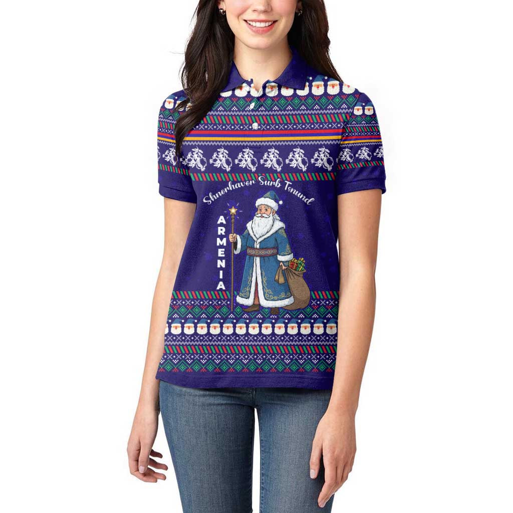 Armenia Christmas Women Polo Shirt with Santa Claus Shnorhavor Surb Tsnund and Gift Bag Pattern - Wonder Print Shop