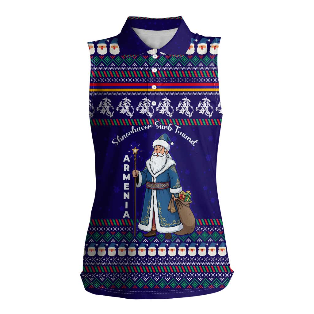 Armenia Christmas Women Sleeveless Polo Shirt with Santa Claus Shnorhavor Surb Tsnund and Gift Bag Pattern - Wonder Print Shop