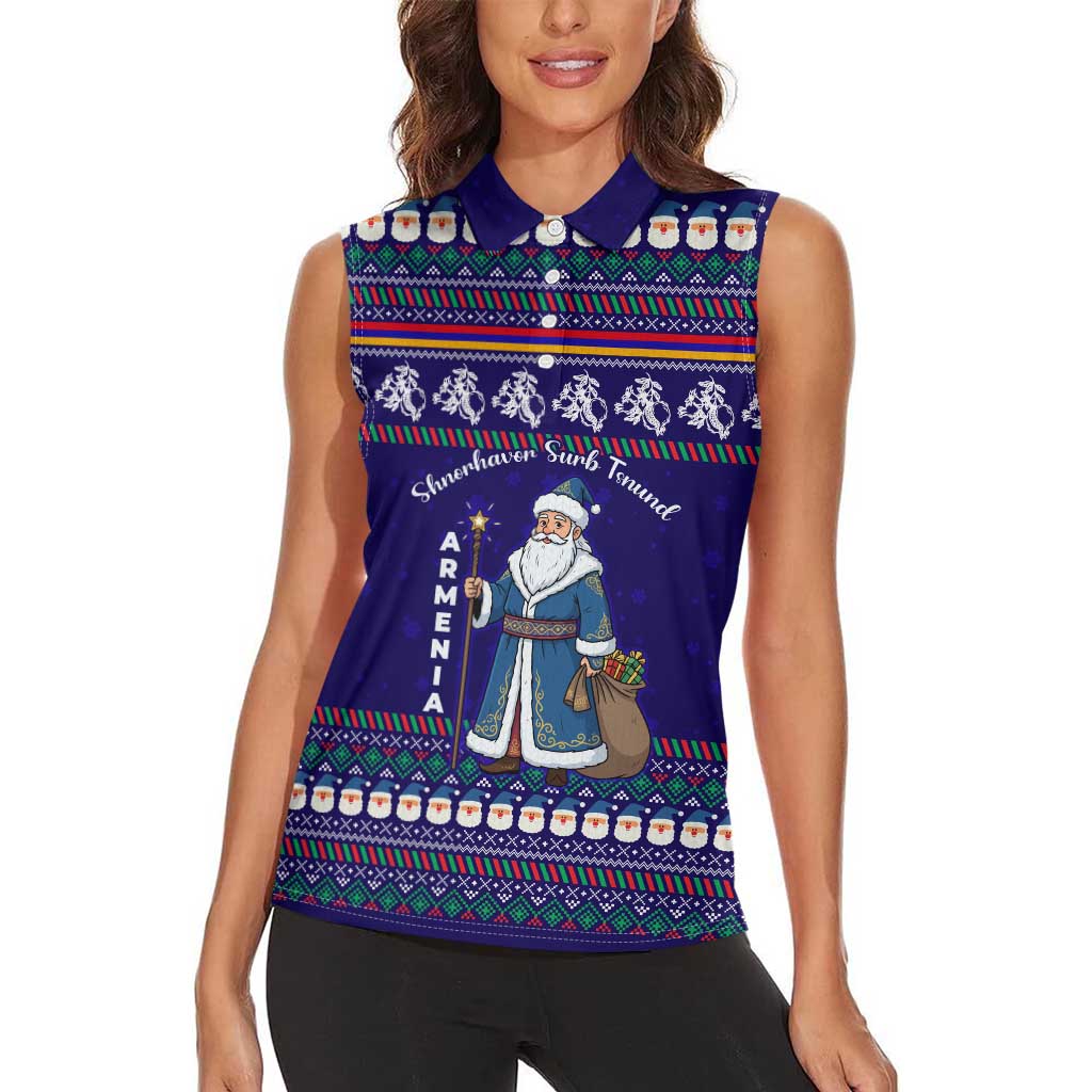 Armenia Christmas Women Sleeveless Polo Shirt with Santa Claus Shnorhavor Surb Tsnund and Gift Bag Pattern - Wonder Print Shop