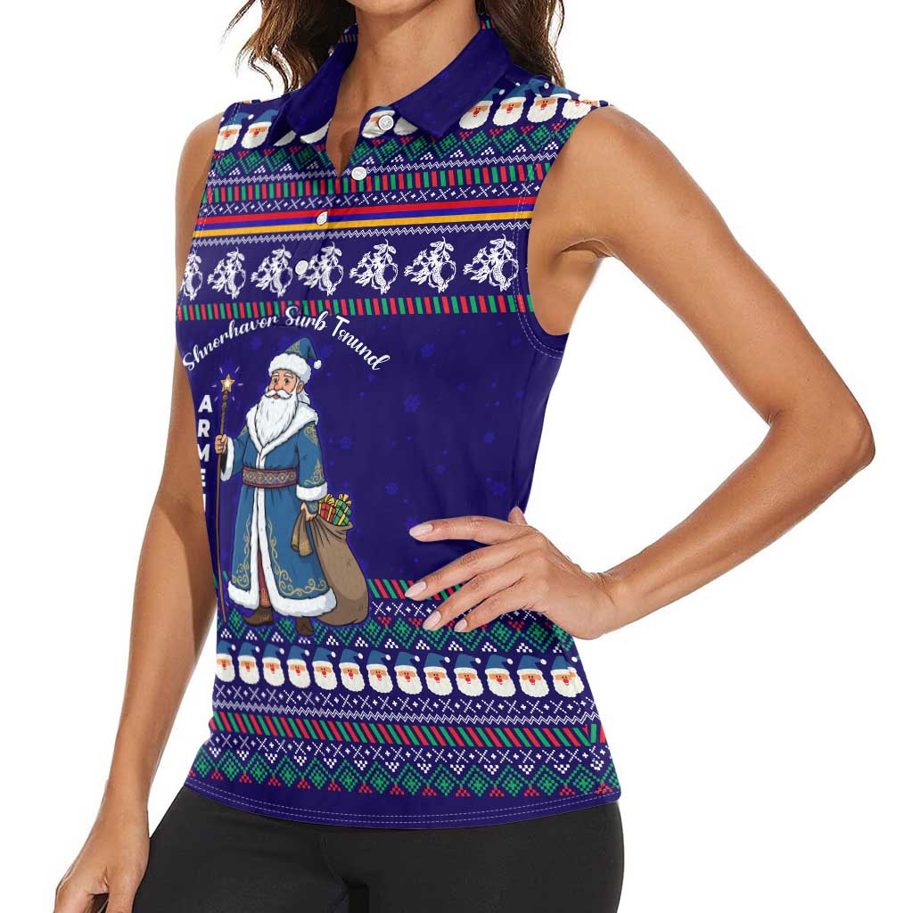 Armenia Christmas Women Sleeveless Polo Shirt with Santa Claus Shnorhavor Surb Tsnund and Gift Bag Pattern - Wonder Print Shop