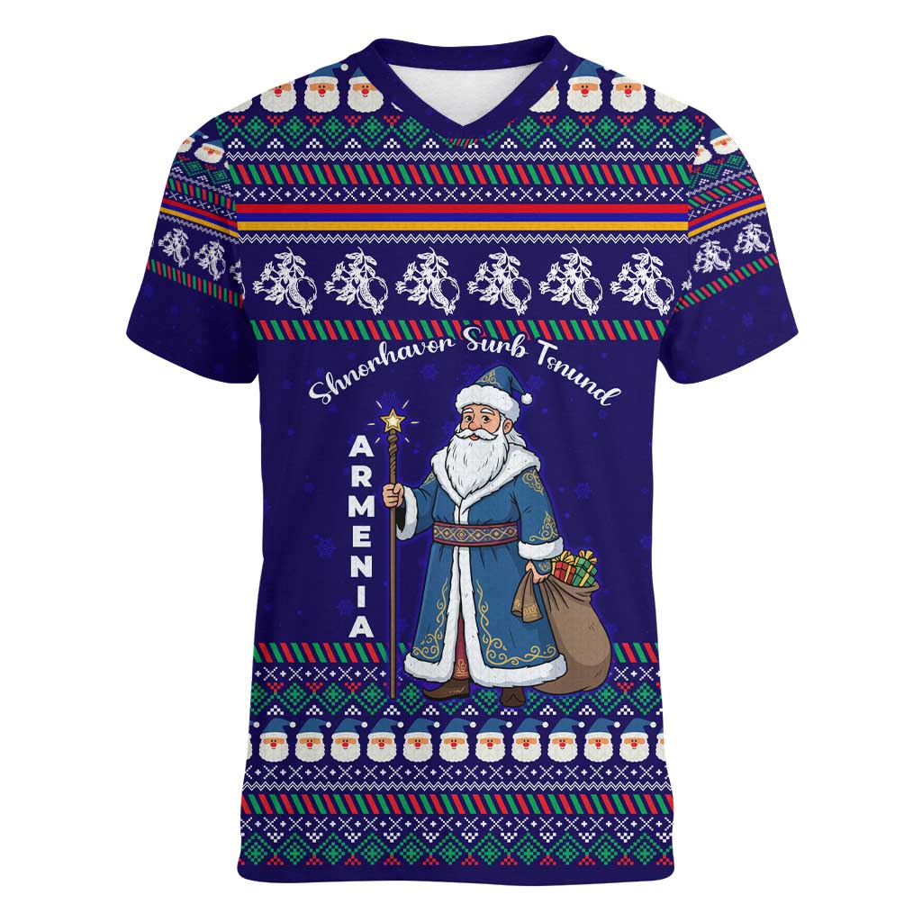 Armenia Christmas Women V-Neck T-Shirt with Santa Claus Shnorhavor Surb Tsnund and Gift Bag Pattern - Wonder Print Shop