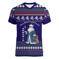 Armenia Christmas Women V-Neck T-Shirt with Santa Claus Shnorhavor Surb Tsnund and Gift Bag Pattern - Wonder Print Shop