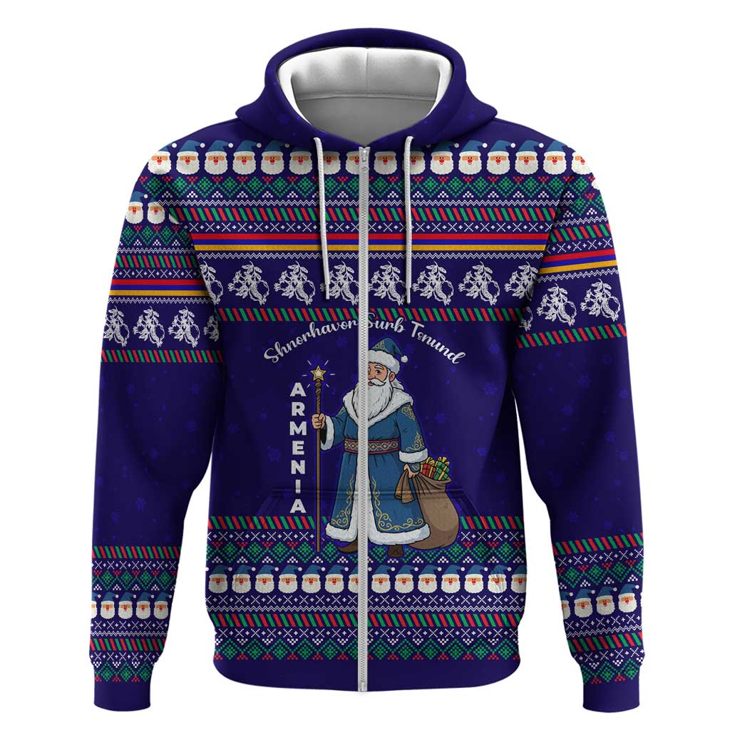 Armenia Christmas Zip Hoodie with Santa Claus Shnorhavor Surb Tsnund and Gift Bag Pattern - Wonder Print Shop