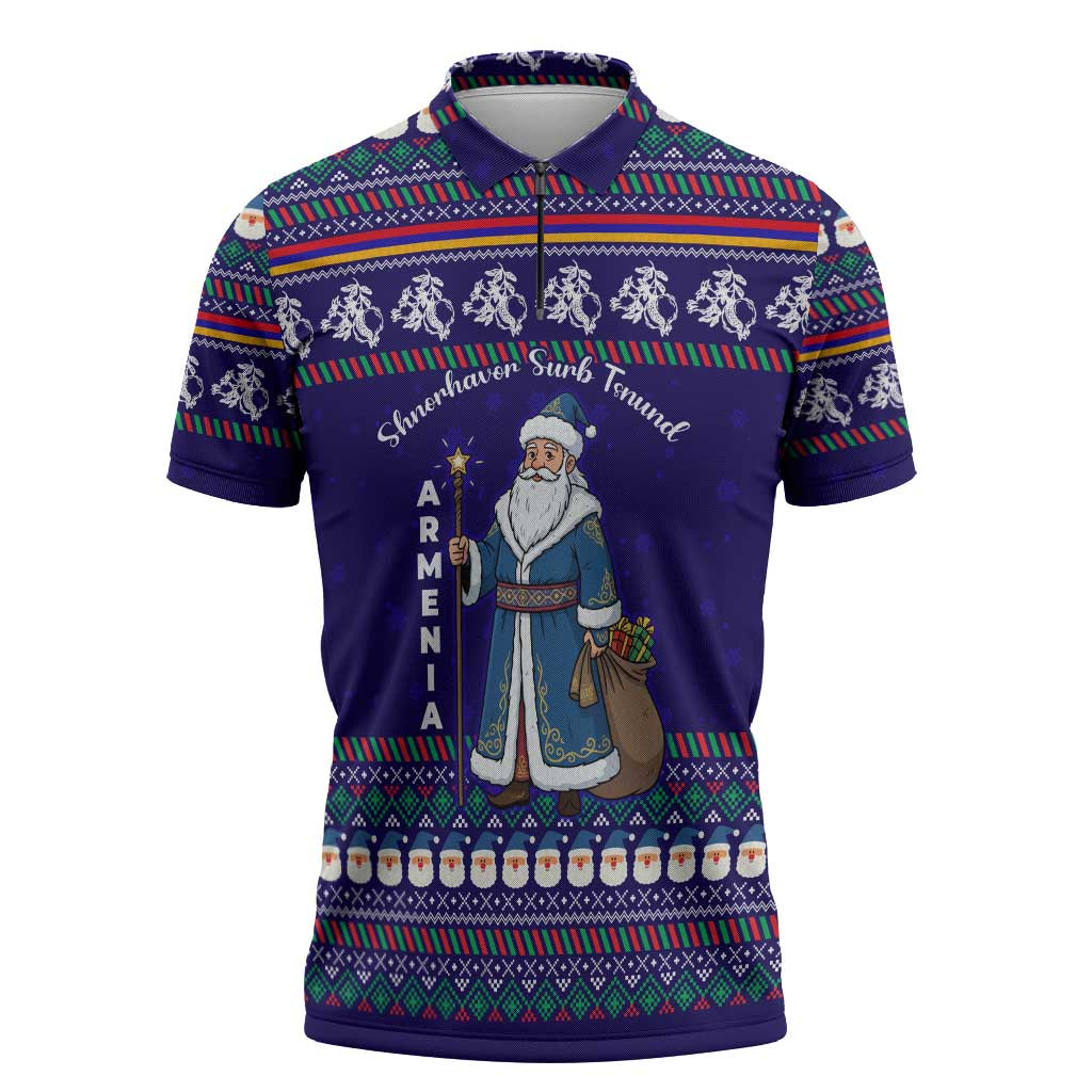Armenia Christmas Zipper Polo Shirt with Santa Claus Shnorhavor Surb Tsnund and Gift Bag Pattern - Wonder Print Shop