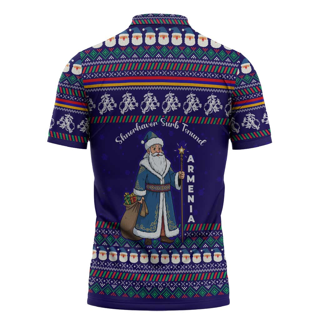Armenia Christmas Zipper Polo Shirt with Santa Claus Shnorhavor Surb Tsnund and Gift Bag Pattern - Wonder Print Shop