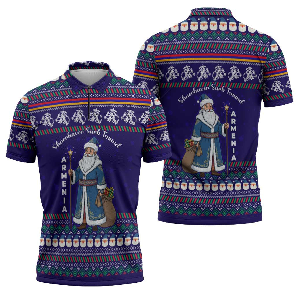Armenia Christmas Zipper Polo Shirt with Santa Claus Shnorhavor Surb Tsnund and Gift Bag Pattern - Wonder Print Shop