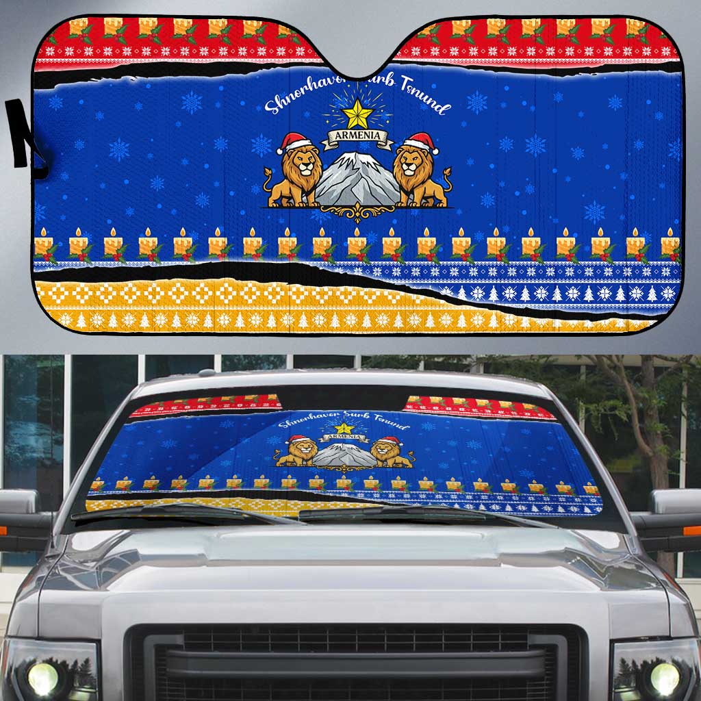 Armenia Christmas Auto Sun Shade with Shnorhavor Surb Tsnund Lions Flag Colors and Coat of Arms - Wonder Print Shop