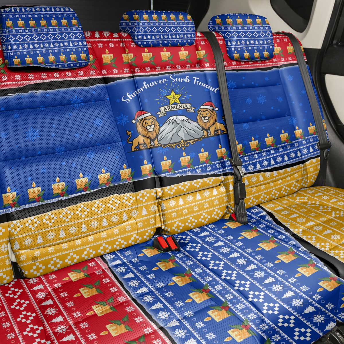 Armenia Christmas Back Car Seat Cover with Shnorhavor Surb Tsnund Lions Flag Colors and Coat of Arms - Wonder Print Shop