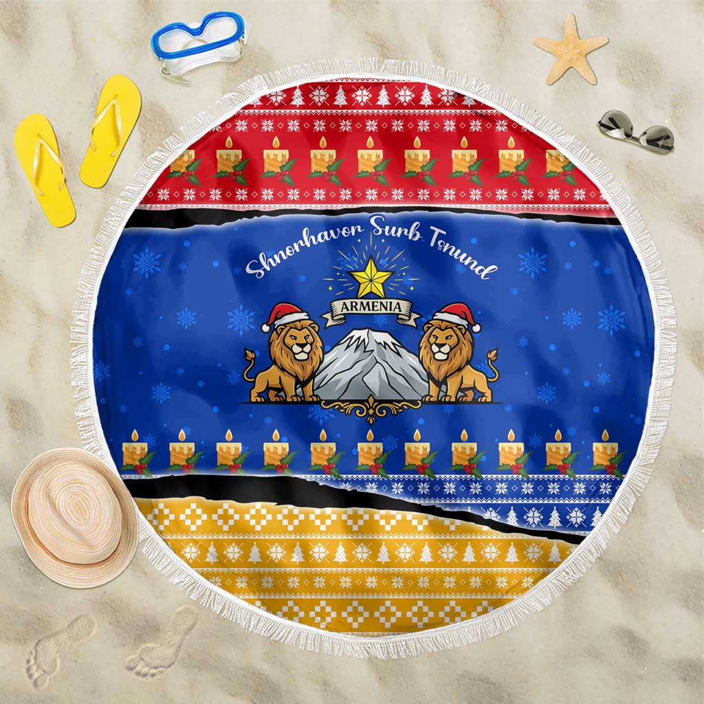 Armenia Christmas Beach Blanket with Shnorhavor Surb Tsnund Lions Flag Colors and Coat of Arms - Wonder Print Shop