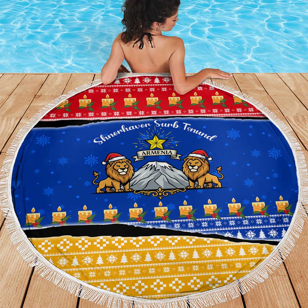 Armenia Christmas Beach Blanket with Shnorhavor Surb Tsnund Lions Flag Colors and Coat of Arms - Wonder Print Shop