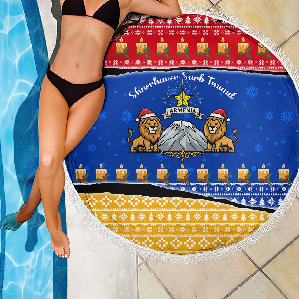 Armenia Christmas Beach Blanket with Shnorhavor Surb Tsnund Lions Flag Colors and Coat of Arms - Wonder Print Shop