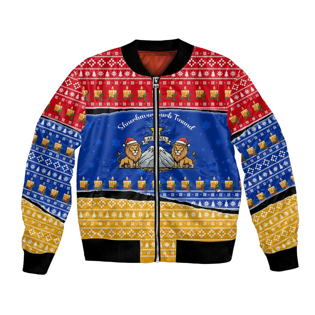 Armenia Christmas Bomber Jacket with Shnorhavor Surb Tsnund Lions Flag Colors and Coat of Arms - Wonder Print Shop