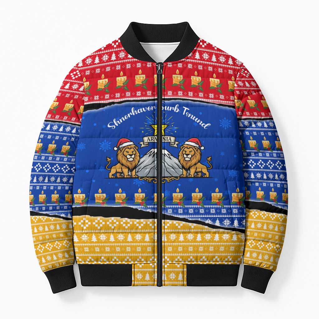 Armenia Christmas Bomber Puffer Jacket with Shnorhavor Surb Tsnund Lions Flag Colors and Coat of Arms - Wonder Print Shop